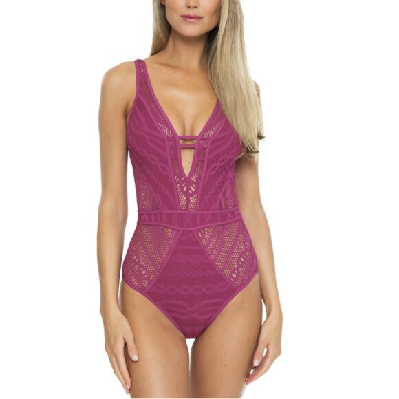 BECCA Purple Color Play Crochet Plunge One-Piece Swimsuit Magenta - Size XS - Picture 1 of 13